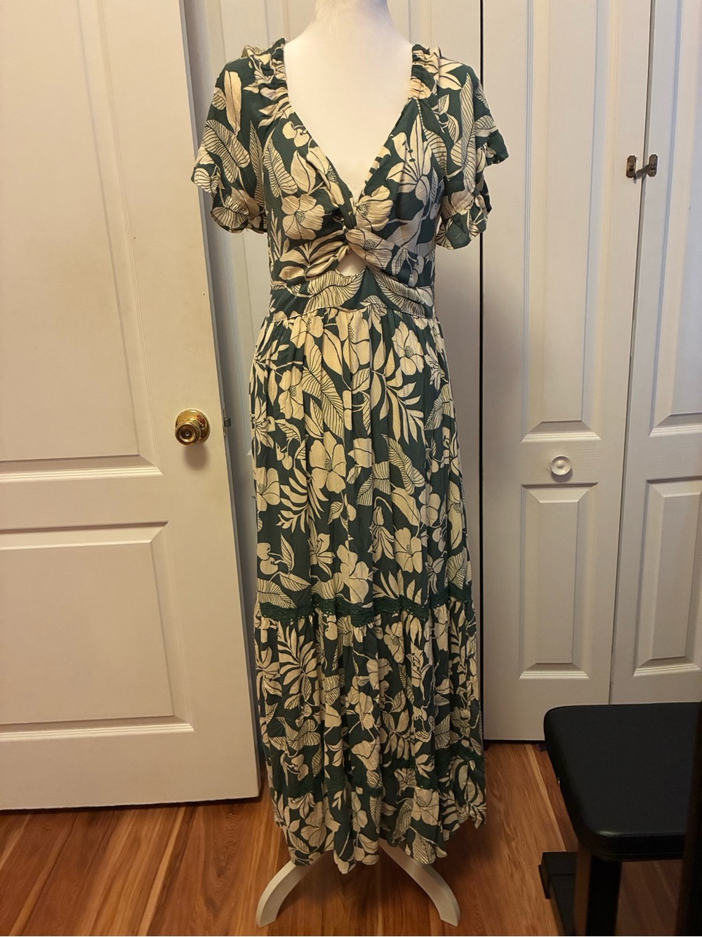 Angie Green and Cream Floral Midi Dress with Twist Front